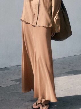 ZARA Tan Faux Silk Slip Midi Skirt NWT